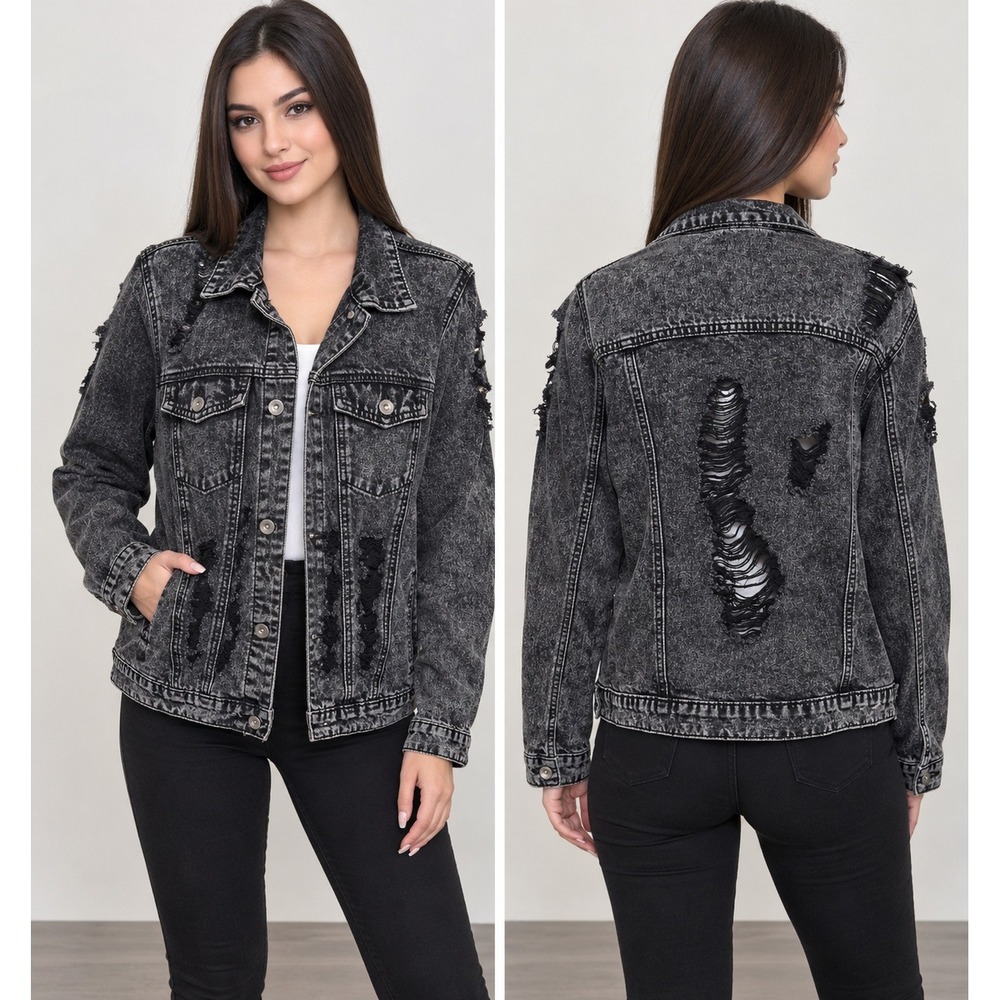 Forever 21+ Womens Plus 1X Distressed Acid Wash Denim Jacket Gray Trucker Edgy